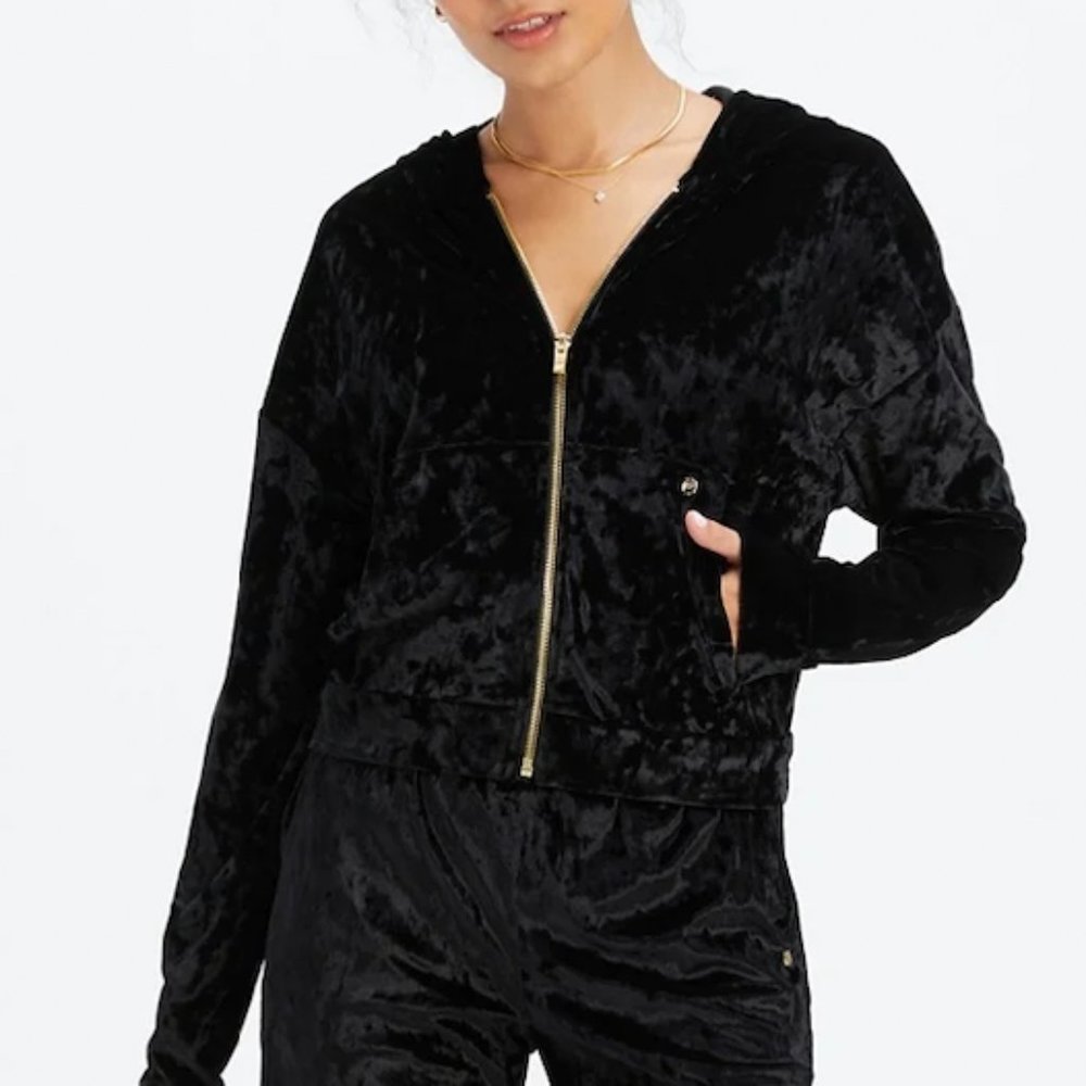 Fabletics Black Crushed Velour Zip Up Hoodie